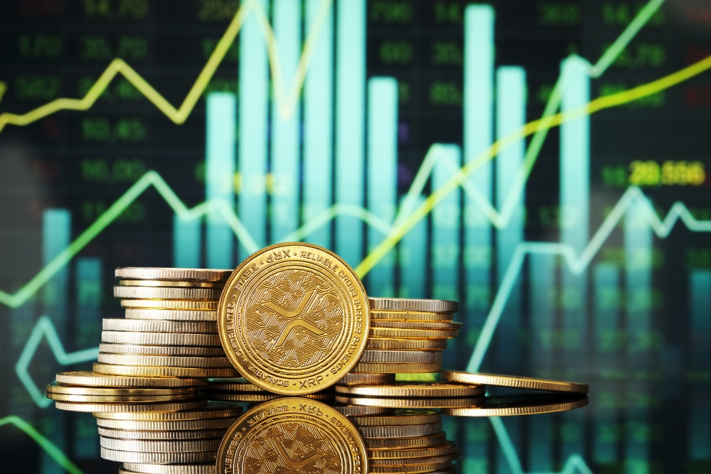 The,Digital,Currency,Coins,Are,Stacked,With,A,Prominent,Xrp